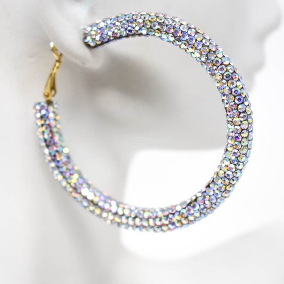 2.25" AB Clear Pave Wrap Rhinestone Hoop Earrings - Picture 4 of 9